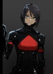  1girl absurdres android black_hair blue_eyes elster_(signalis) expressionless gradient_background grey_background hair_between_eyes hand_up highres looking_at_viewer rampart1028 short_hair signalis solo straight-on upper_body 