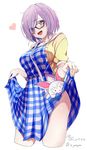  :d ahoge artist_name bag between_breasts black-framed_eyewear breasts checkered checkered_dress collarbone cropped_legs dated dress eyebrows_visible_through_hair eyes_visible_through_hair fate/grand_order fate_(series) fingernails fou_(fate/grand_order) from_below glasses hair_over_one_eye handbag heart jacket looking_at_viewer looking_down mash_kyrielight medium_breasts open_clothes open_jacket open_mouth over_shoulder pink_hair purple_eyes shiny shiny_hair shiny_skin short_hair short_sleeves shoulder_bag simple_background skirt_hold smile solo standing strap_cleavage sweat themed_object thighs unbuttoned white_background yukiguni_yuu 