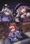  2024_new_york_city_jewish_tunnels 3girls absurdres blue_eyes blue_headwear blue_jacket blue_suit blue_trim bomber_jacket bow braid breasts brown_hair brown_shirt collared_shirt commission demon_horns dress fangs girls&#039;_frontline gloves gown hair_bow hat hexagram highres horns jacket large_breasts long_hair long_sleeves m870_(girls&#039;_frontline) multiple_girls necktie negev_(girls&#039;_frontline) one_side_up open_mouth peaked_cap pink_hair red_bow red_eyes red_horns red_necktie serjatronic shirt short_sleeves side_braid star_of_david suit super-shorty_(girls&#039;_frontline) sweater twintails two_side_up white_dress white_gloves white_shirt yellow_sweater 