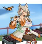  1girl absurdres animal animal_ear_fluff animal_ears blue_sky blurry blurry_background boots braid brown_pantyhose bug butterfly closed_eyes commission day depth_of_field detached_sleeves dress grey_hair highres holding holding_instrument i_llius instrument instrument_request knee_boots long_sleeves mio_(xenoblade) music pantyhose playing_instrument sitting sky solo strapless strapless_dress white_dress white_footwear white_sleeves xenoblade_chronicles_(series) xenoblade_chronicles_3 