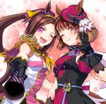  2girls ;) ;d animal_ears anniversary black_gloves brown_eyes brown_hair ears_through_headwear flower_in_eye gloves hair_ornament hairband horse_ears horse_girl long_hair looking_at_viewer medium_hair metsugi_(mekki5160) multiple_girls neckerchief north_flight_(umamusume) one_eye_closed ponytail purple_eyes purple_headwear sakura_bakushin_o_(umamusume) smile symbol_in_eye textless_version tilted_headwear umamusume upper_body yellow_neckerchief 