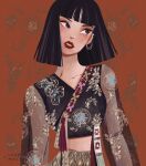  1girl black_eyes black_hair blackpink bob_cut earrings english_commentary flower highres jewelry lisa_(blackpink) looking_to_the_side see-through see-through_sleeves simple_background solo upper_body wastanahaikal 