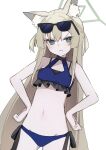  1girl :&lt; absurdres animal_ears bikini blonde_hair blue_archive blue_bikini blue_eyes blush closed_mouth collarbone cowboy_shot dot_nose eyewear_on_head fox_ears fox_girl frown halo hands_on_own_hips highres inaba_reito kurumi_(blue_archive) looking_at_viewer side-tie_bikini_bottom solo sunglasses swimsuit v-shaped_eyebrows white_background 