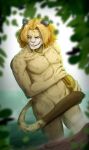 absurd_res anthro convenient_censorship felid hair hi_res jaguar long_hair male mammal melee_weapon minkmen_(one_piece) mycrys nude one_piece pantherine pedro_of_the_treetops plant smile smirk solo spots sword tail weapon