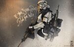  1boy ammunition_pouch artist_name backpack bag black_gloves cable embers english_commentary english_text galactic_empire gloves graffiti gun head_tilt helmet highres holding holding_gun holding_weapon pouch shanemolina solo star_wars stormtrooper weapon weapon_on_back weapon_request 