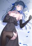  1girl alternate_costume bare_shoulders black_dress black_gloves black_thighhighs blue_archive blue_eyes blue_hair blunt_bangs blush breasts commentary_request dress elbow_gloves gloves hair_ornament highres large_breasts long_hair looking_at_viewer lying on_back parted_lips partial_commentary saori_(blue_archive) shougun_(chuckni1) solo thighhighs thighs 