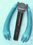  aqua_hair artist_logo artist_name blue_background commentary digiral english_commentary hair_ornament hatsune_miku highres long_hair microphone no_humans object_focus objectification simple_background twintails very_long_hair vocaloid 