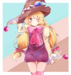  1girl beryl_benito blonde_hair blush border bow brooch brown_hat cowboy_shot grey_eyes hair_bow hat jewelry long_hair low-tied_long_hair multicolored multicolored_background one_eye_closed pink_bow pink_legwear red_bow shorts solo tales_of_(series) tales_of_hearts thigh_gap thighhighs twintails white_border witch_hat 