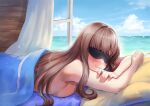  1girl absurdres beach bed_sheet black_blindfold blindfold blush breasts brown_hair cloud commission crossed_arms curtains day facing_viewer highres indie_virtual_youtuber indoors long_hair lost_(vtuber) lying naked_sheet nude ocean on_stomach open_window pillow sahara1127 skeb_commission sky smile solo sparkle under_covers virtual_youtuber water window wooden_wall 