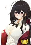  1girl absurdres ahoge armband azur_lane black_hair blush bow bowtie bra bra_visible_through_clothes breasts glasses hair_ribbon highres jacket long_hair looking_at_viewer loose_bowtie messy_hair open_clothes open_jacket ram_(404272725) red_eyes red_jacket ribbon school_uniform see-through shirt simple_background solo taihou_(azur_lane) taihou_(sweet_time_after_school)_(azur_lane) underwear upper_body very_long_hair wet wet_clothes wet_shirt white_background white_bra yellow_armband 