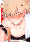  1boy bakugou_katsuki black_tank_top blonde_hair blush boku_no_hero_academia bowl food male_focus nipples noodles red_eyes short_hair simple_background solo spicy spiked_hair tank_top teeth yazaki_(yazakc) 