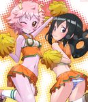  ;d alternate_costume arm_up ashido_mina ass asui_tsuyu back bare_shoulders black_eyes black_hair black_sclera blush boku_no_hero_academia breasts cheerleader closed_mouth commentary_request highres horns k10k looking_at_viewer midriff multiple_girls navel one_eye_closed open_mouth panties pink_hair pink_skin pleated_skirt polka_dot polka_dot_panties pom_poms ponytail shoes short_hair skirt sleeveless small_breasts smile socks striped striped_panties teeth tied_hair underwear upskirt wavy_mouth 