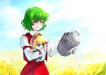 2girls absurdres alice_margatroid blonde_hair blue_eyes blue_sky cloud commentary_request field flower flower_field fumo_(doll) green_hair highres kazami_yuuka korean_commentary long_sleeves lovelobten multiple_girls plaid plaid_skirt red_skirt red_vest shirt short_hair skirt sky sunflower sunflower_field touhou vest watering_can white_shirt 