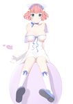  arm_support arms_behind_back asymmetrical_breasts bad_id bad_pixiv_id bandeau bare_shoulders blue_eyes blue_ribbon blush breasts choker collarbone dress full_body hairband highres kneehighs large_breasts linhe_de_chuangzi pink_hair ribbon ribbon_choker short_hair sitting smile solo white_dress wind 