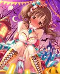  bare_shoulders blush boots bow breasts brown_eyes brown_hair castle cleavage derivative_work dildo dress ghost halloween hat idolmaster idolmaster_cinderella_girls idolmaster_cinderella_girls_starlight_stage medium_breasts mini_hat moon pumpkin ray-k solo thighs third-party_edit tongue tongue_out totoki_airi twintails 