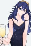  1girl alternate_costume bare_shoulders blue_dress blue_eyes blue_hair breasts cleavage closed_mouth cup dress drink english_commentary fire_emblem fire_emblem_awakening hair_between_eyes highres holding holding_cup long_hair looking_at_viewer lucina_(fire_emblem) serafineart1001 sleeveless sleeveless_dress small_breasts smile solo strap_slip symbol_in_eye tiara twitter_username white_background 