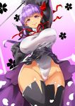  absurdres bb_(fate)_(all) bb_(fate/extra_ccc) black_legwear bow breasts commentary_request fate/extra fate/extra_ccc fate/grand_order fate_(series) hair_bow highres hips leotard long_hair looking_at_viewer looking_down medium_breasts pointer pokkora purple_eyes purple_hair skirt smile smirk solo thighhighs unaligned_breasts white_leotard 