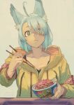  1girl absurdres ahoge animal_ear_fluff animal_ears black_shirt bowl chewing chopsticks collarbone dated eating extra_ears eyes_visible_through_hair fingernails food green_eyes green_nails grey_hair gyuudon hair_over_one_eye hand_up highres holding holding_bowl holding_chopsticks jacket long_sleeves nail_polish original shirt short_hair solo toro_(konirio) twitter_username yellow_jacket 