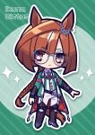  1girl absurdres animal_ears asymmetrical_bangs black_eyes boots braid braided_ponytail brown_footwear brown_hair character_name chibi closed_mouth coat dot_nose frown glasses green_coat highres horse_ears horse_girl horse_tail ikuno_dictus_(umamusume) long_hair long_sleeves looking_at_viewer low_ponytail maigo_(user_xkwr8585) necktie outline outstretched_arm pants red_necktie round_eyewear shirt solo sparkle tail umamusume v-shaped_eyebrows vest white_outline white_pants white_shirt 