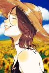  1girl bare_shoulders black_shirt blush brown_hair closed_eyes cloud commentary day facing_away field flower flower_field from_side halterneck hat highres nose_blush open_mouth original outdoors shim_46 shirt short_hair shoulder_blush simple_background sky smile solo straw_hat sun_hat sunflower sunflower_field teeth upper_body yellow_flower 