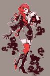  black_nails boots borrowed_character breasts cleavage commentary dress fingernails gloves highres long_hair medium_breasts nail_polish original pale_skin poch4n red_hair red_legwear sharp_fingernails skull smile smoke teeth 