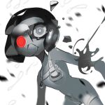  1girl bare_shoulders black_hair bodysuit bright_pupils colored_skin crack cracked_mask film_grain frown grey_eyes grey_skin inkling jelleton maolu19 mask parallel_canon pointy_ears short_hair simple_background solo splatoon_(series) splatoon_3 splatoon_3:_side_order tears tentacle_hair white_background white_bodysuit white_pupils 