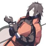  1boy adjusting_clothes adjusting_gloves armor black_gloves black_hair black_robe chinese_commentary closed_mouth dutch_angle expressionless gloves gunbai hair_over_one_eye japanese_armor long_hair long_sleeves looking_at_viewer male_focus naruto naruto_(series) orange_eyes robe shoulder_armor simple_background solo uchiha_madara upper_body war_fan weapon weapon_on_back white_background ylan_tu 