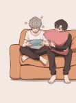  2boys absurdres alien_stage anger_vein barefoot black_eyes black_hair couch crossed_legs dawn_(artist) full_body green_eyes grey_hair highres hugging_object ivan_(alien_stage) looking_at_another male_focus multiple_boys nintendo_switch on_couch open_mouth pillow pillow_hug playing_games shirt short_hair sitting t-shirt till_(alien_stage) white_background white_shirt 