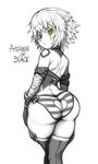 ass ass_cutout bandages bare_back butt_crack fate/apocrypha fate_(series) green_eyes hips jack_the_ripper_(fate/apocrypha) looking_at_viewer looking_back simple_background solo spot_color the_golden_smurf thighs white_background wide_hips 
