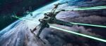  1boy astromech_droid english_commentary flying galactic_empire highres laser luke_skywalker non-humanoid_robot planet r2-d2 rafal_szlapa robot space spacecraft star_(sky) star_wars starfighter t-65_x-wing tie_fighter vehicle_focus x-wing 