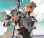  1boy armor black_bodysuit blood blood_on_face bodysuit cape chest_armor fate/grand_order fate_(series) highres holding holding_polearm holding_weapon kalak_39 longinus_(weapon)_(fate) percival_(fate) polearm shoulder_armor simple_background weapon white_cape white_hair 