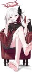  armchair bare_legs barefoot blue_archive blush chair crossed_legs feet grin highres holding_sock long_hair looking_at_viewer mutsuki_(blue_archive) nashi_(nashipple1) side_ponytail sitting smile soles solo toes unworn_socks white_hair 