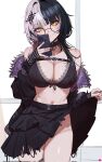  1girl bare_shoulders black_bra black_choker black_gloves black_hair black_nails black_skirt bra breasts cellphone chest_belt choker cleavage clothes_lift commentary doujenrad emoji english_commentary english_text fur_trim glasses gloves grey_hair hair_ornament highres holding holding_phone hololive hololive_english lace-trimmed_bra lace_trim large_breasts lifted_by_self looking_at_viewer multicolored_hair navel no_panties phone pleated_skirt removing_jacket selfie shiori_novella skirt skirt_lift smartphone smile solo split-color_hair striped_clothes striped_gloves super_chat two-tone_hair underwear virtual_youtuber white_background yellow_eyes 