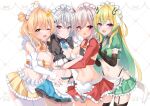  4girls :d ;d anto_mel apron aria_(koiiroharemoyou) black_gloves black_thighhighs blonde_hair blue_skirt breasts cleavage detached_sleeves elbow_gloves frilled_apron frilled_skirt frills garter_straps gloves green_hair green_necktie green_skirt grey_hair hair_ornament half_gloves heart heart_background highres kimitsu_tenka kohane_kuo large_breasts long_hair long_sleeves maid_dolce medium_breasts multicolored_hair multiple_girls navel necktie one_eye_closed open_mouth pleated_skirt puffy_short_sleeves puffy_sleeves purple_eyes red_eyes red_skirt revision short_sleeves shrug_(clothing) sidelocks skirt sleeves_past_wrists smile streaked_hair suito_mion textless_version thighhighs two-tone_hair very_long_hair virtual_youtuber waist_apron white_apron white_background white_sleeves white_thighhighs x_hair_ornament yellow_eyes yellow_skirt 