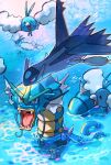  animal_focus bird_tail blue_skin blue_theme bright_pupils claws cloud colored_skin commentary_request dragonair dratini fins flying gyarados head_fins head_wings highres horns korean_commentary latias no_humans open_mouth outdoors pokemon pokemon_(creature) red_eyes seonforest sharp_teeth single_horn solid_oval_eyes swablu sweat tail teeth water white_pupils wings 