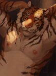 2024 anthro biceps black_body black_fur clothed clothing deltoids eyes_closed felid fur hands_behind_head hi_res jamzenn male mammal multicolored_body muscular nipples orange_body orange_fur pantherine pecs raised_arms shaded simple_eyes solo stripes tiger topless two_tone_body whiskers