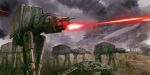  6+others at-at at-st battle blurry depth_of_field edouard_groult galactic_empire highres laser mecha military military_vehicle multiple_others robot science_fiction smoke star_wars walker_(robot) 