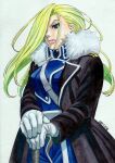  amestris_military_uniform blonde_hair blue_eyes breasts coat dated floating_hair fullmetal_alchemist fur-trimmed_coat fur_trim ganyapin gloves hair_over_one_eye large_breasts lips long_hair looking_ahead marker_(medium) military military_uniform olivier_mira_armstrong pants pink_lips solo standing sword thick_lips traditional_media uniform v-shaped_eyebrows weapon white_gloves 