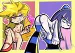  2girls ass blonde_hair breasts gyaradosage highres multiple_girls naughty_face panties panty_&amp;_stocking_with_garterbelt panty_(psg) purple_hair pussy red_footwear shadow smile stocking_(psg) teeth underwear undressing 