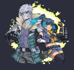  1boy 1girl black_gloves black_thighhighs blue_fire blue_hair blue_shorts blue_vest breasts brown_eyes clenched_hands closed_mouth colored_skin commentary_request cropped_legs denim denim_shorts denim_vest elbow_gloves fiery_hair fingerless_gloves fire gloves green_jacket grey_background grey_hair grey_pants grey_shirt grey_skin grin highres i_llius jacket lanz_(xenoblade) multicolored_hair navel open_clothes open_jacket open_vest pants red_eyes sena_(xenoblade) shirt shorts simple_background small_breasts smile streaked_hair thighhighs vest xenoblade_chronicles_(series) xenoblade_chronicles_3 