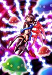  1girl black_hair flying_saucer highres holding_trident houjuu_nue medium_hair polearm red_eyes shee_take solo spacecraft spell_card touhou trident weapon 