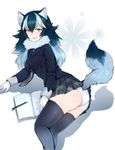  ancolatte_(onikuanco) animal_ears black_hair black_legwear blue_eyes blush book breasts fang fur_collar gloves grey_wolf_(kemono_friends) heterochromia highres kemono_friends long_hair long_sleeves looking_at_viewer medium_breasts multicolored_hair necktie open_book open_mouth panties pencil skirt solo tail thighhighs two-tone_hair underwear white_panties wolf_ears wolf_tail yellow_eyes 