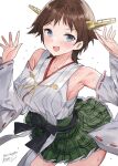  1girl :d bare_shoulders breasts brown_hair commentary_request detached_sleeves flipped_hair green_skirt grey_eyes hands_up headgear hiei_(kancolle) hiei_kai_ni_(kancolle) highres japanese_clothes kantai_collection kimono large_breasts looking_at_viewer mizuta_kenji nontraditional_miko one-hour_drawing_challenge open_mouth plaid plaid_skirt ribbon-trimmed_sleeves ribbon_trim short_hair signature skirt sleeveless sleeveless_kimono smile solo sweat twitter_username white_background white_kimono wide_sleeves 