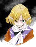  black_shirt blonde_hair brown_shirt clenched_teeth commentary_request crying crying_with_eyes_open green_eyes hair_between_eyes hair_over_one_eye highres long_bangs looking_at_viewer mendou_jun mizuhashi_parsee pointy_ears scarf shirt short_hair slit_pupils solo tears teeth touhou undershirt upper_body v-shaped_eyebrows white_scarf 