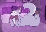 anthro bed bedroom blush blush_lines canid canine cat-boots curtains furniture legs_up looking_back lying male mammal mottled on_front pillow purple_background raised_tail simple_background solo tail