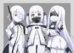  3girls absurdres black_mask black_tail blindfold blue_archive coat colored_skin ein_(blue_archive) extra_pupils grey_background highres light_smile looking_at_viewer luxuriou_s mechanical_hands mechanical_tail multiple_girls no_pants ohr_(blue_archive) respirator simple_background sof_(blue_archive) standing symbol-shaped_pupils tail upper_body white_coat white_skin white_tongue x-shaped_pupils 
