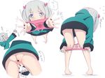  10s 1girl anus ass bar_censor bare_legs barefoot blue_eyes blush bow censored eromanga_sensei feet female from_above hair_bow hair_ornament hoodie izumi_sagiri jacket long_hair long_sleeves looking_at_viewer multiple_views panties panty_pull pink_panties pussy pussy_juice_stain shisonoha silver_hair simple_background stain stained_panties standing text underwear wet_panties white_background 