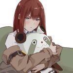  1girl :&lt; arm_belt armchair belt black_belt brown_jacket chair closed_mouth collared_shirt hair_between_eyes hatanana highres holding holding_stuffed_toy hugging_object jacket light_frown long_hair long_sleeves looking_at_viewer makise_kurisu open_clothes open_jacket purple_eyes red_hair shirt sitting sketch solo steins;gate stuffed_animal stuffed_panda stuffed_toy upper_body white_background white_shirt 