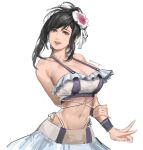  1girl bikini black_hair breasts brown_eyes cleavage final_fantasy final_fantasy_vii final_fantasy_vii_rebirth final_fantasy_vii_remake flower frilled_bikini frills hair_flower hair_ornament highres large_breasts looking_at_viewer narrow_waist navel official_alternate_costume official_alternate_hairstyle open_mouth simple_background smile solo swimsuit thong_bikini tifa_lockhart white_background zoewingsz 