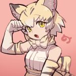  1girl an-chan_(ananna0315) animal_ears back_bow bare_shoulders blonde_hair blush bow bowtie brown_hair cat_ears cat_girl elbow_gloves extra_ears fangs gloves hair_between_eyes high-waist_skirt highres kemono_friends looking_at_viewer multicolored_hair open_mouth paw_pose print_bow print_bowtie print_gloves print_skirt sand_cat_(kemono_friends) sand_cat_print shirt sidelocks skirt sleeveless solo upper_body white_gloves white_hair white_shirt yellow_eyes 